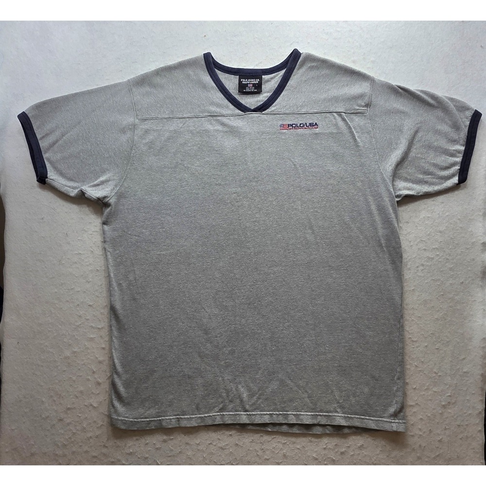 Polo Ralph Lauren Vintage Men's Gray Blue Ringer Polo USA V-Neck Shirt. Size L - Picture 2 of 8